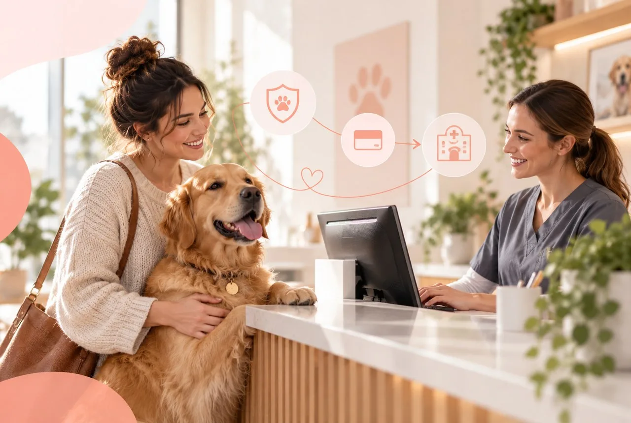 Owner and a golden-colored dog at a veterinary reception counter
